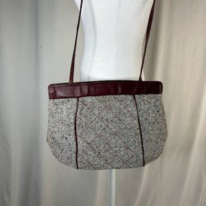 Vintage Grey Tweed Maroon Leather Slim Shoulder Bag